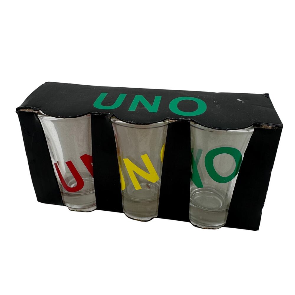Uno Shot Glasses Set of 3 Red, Yellow and Green NOS